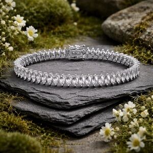 Stunning Marquis Tennis Bracelet Sterling Silver Plated 7"